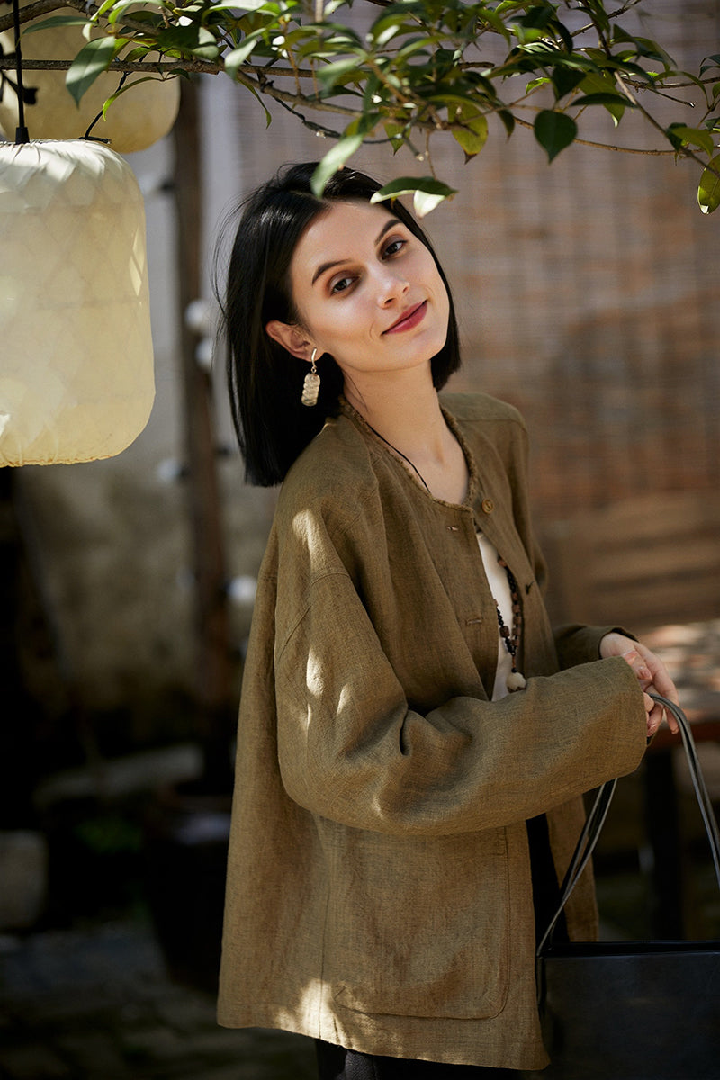 100% Linen Button Up Long Sleeve Shirt Jacket