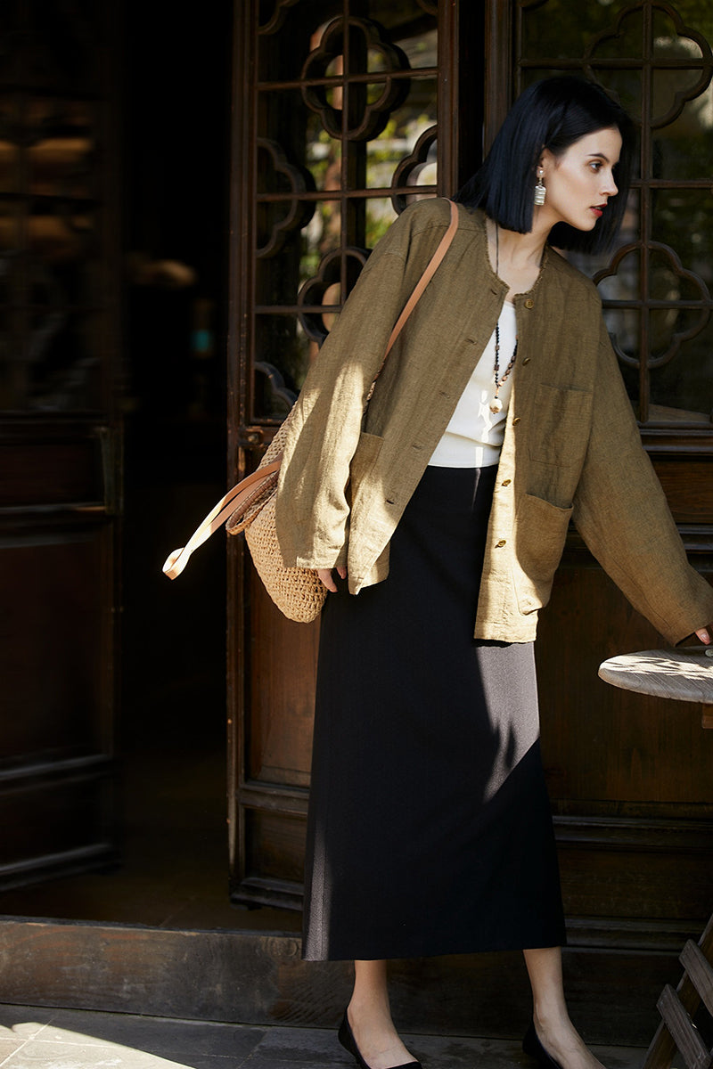 100% Linen Button Up Long Sleeve Shirt Jacket