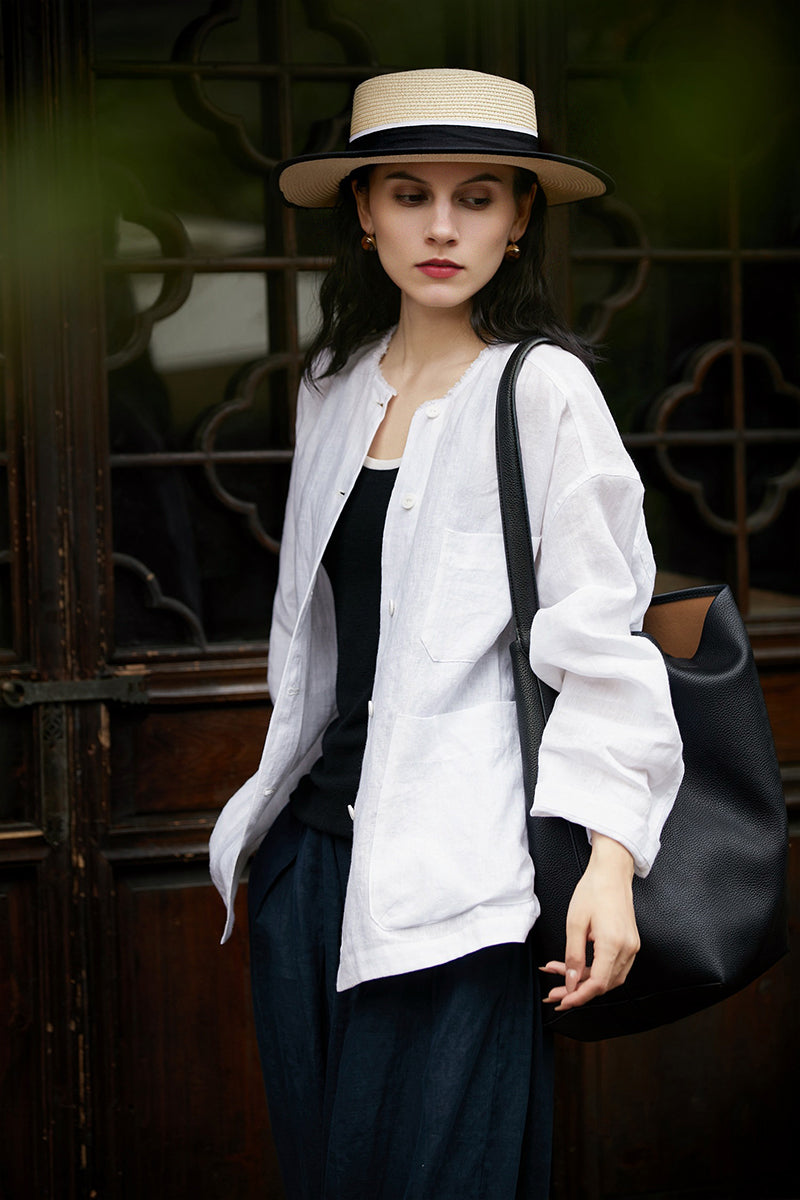 100% Linen Button Up Long Sleeve Shirt Jacket