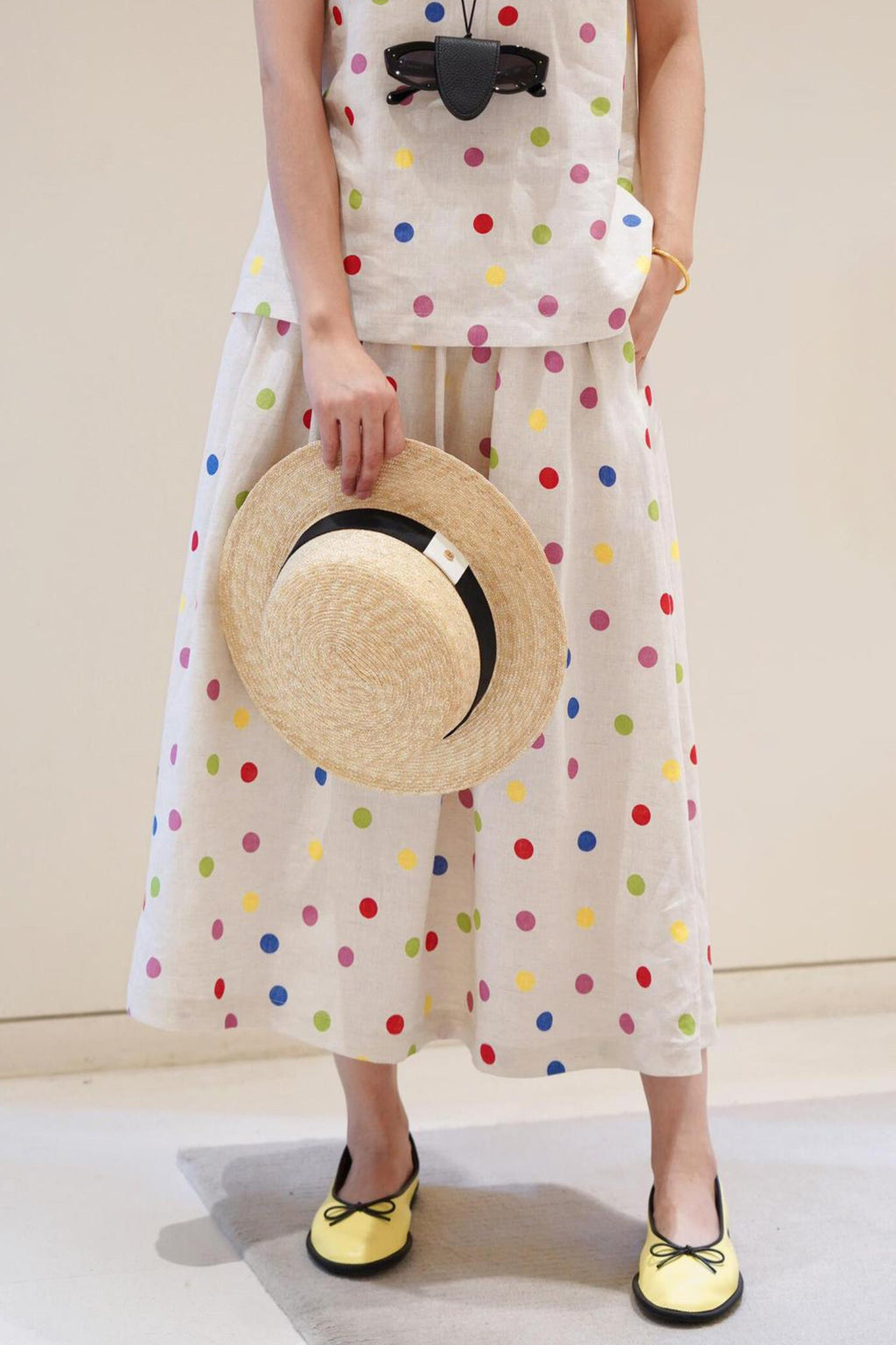 100 Linen Embroidered Polka Dot A-Line Midi Skirt