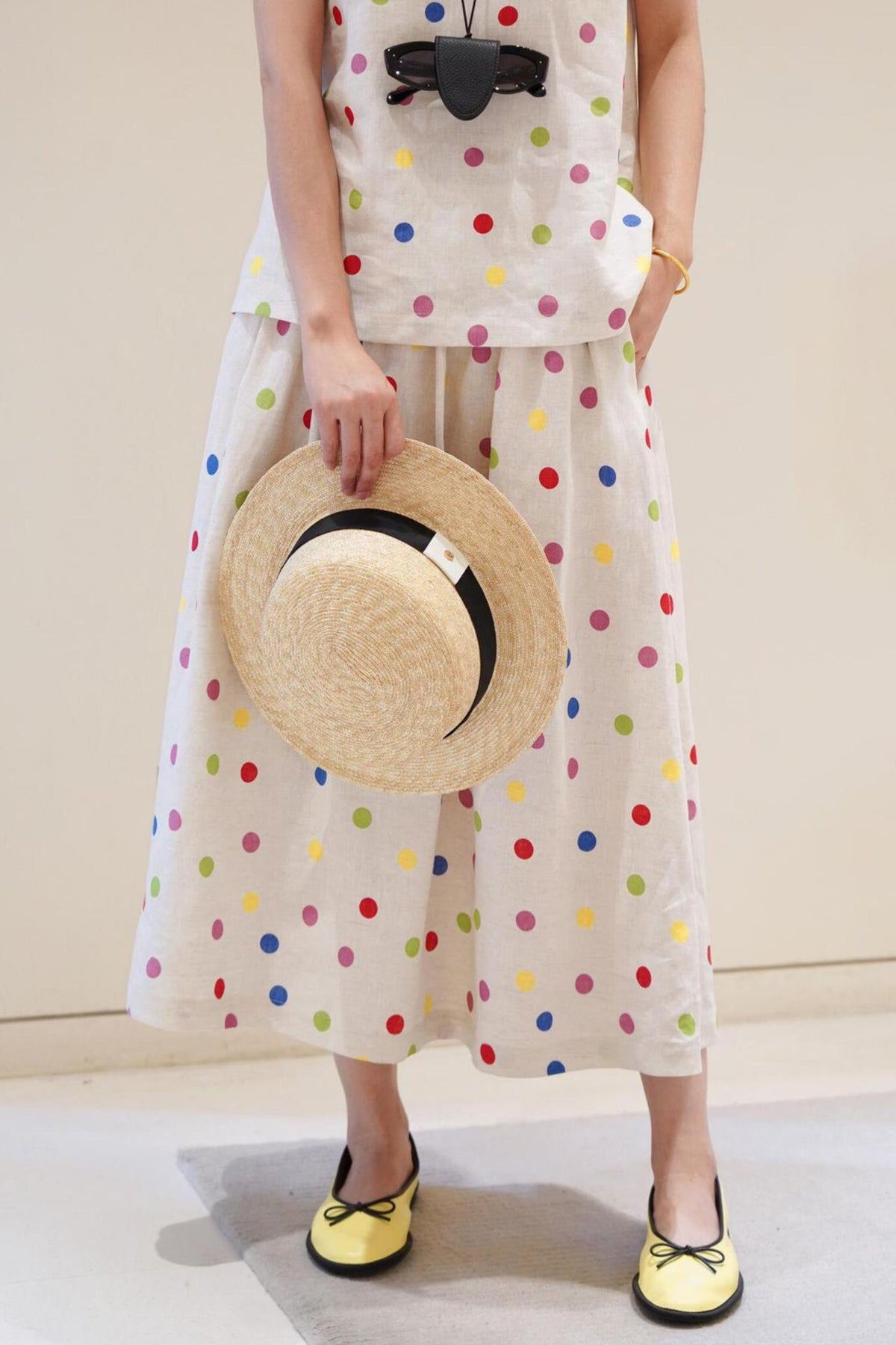 100 Linen Embroidered Polka Dot A-Line Midi Skirt