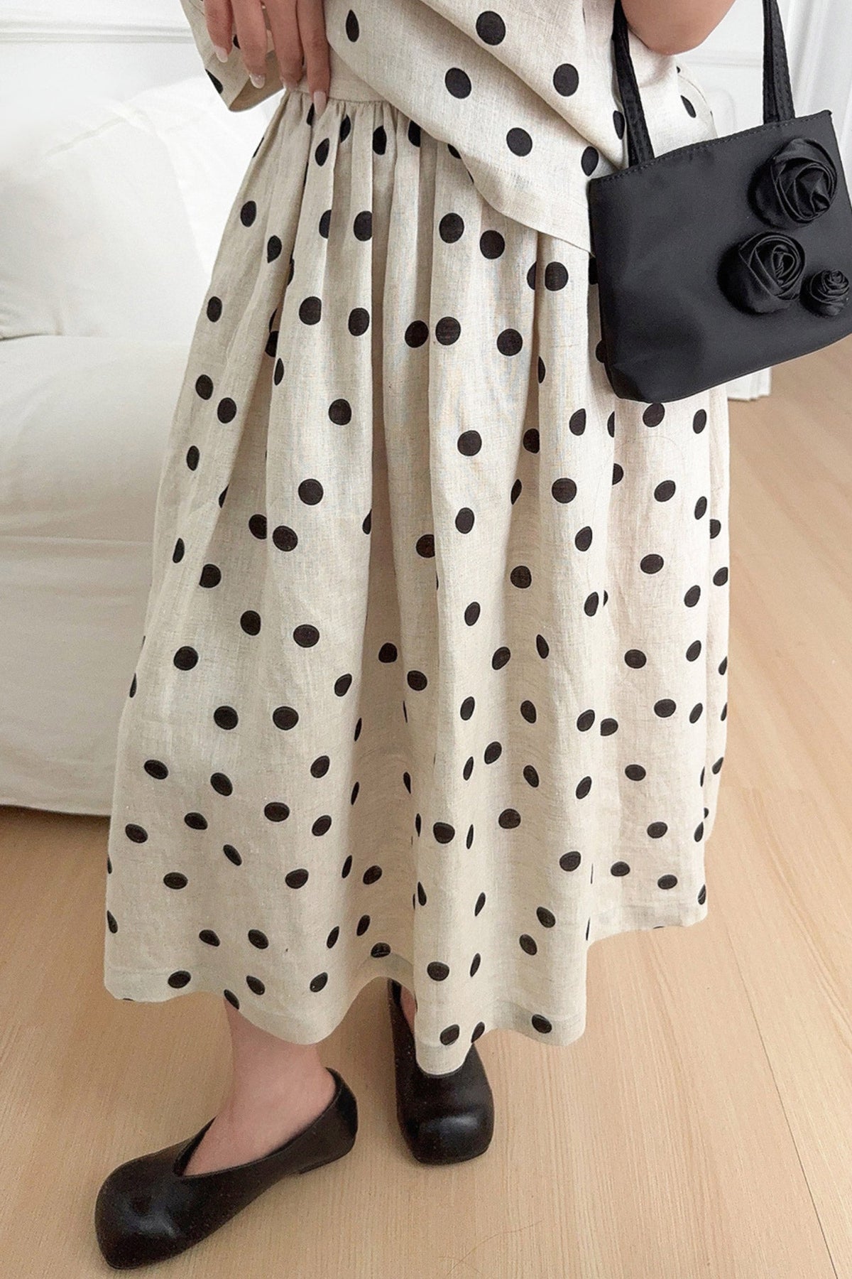 100 Linen Embroidered Polka Dot A-Line Midi Skirt