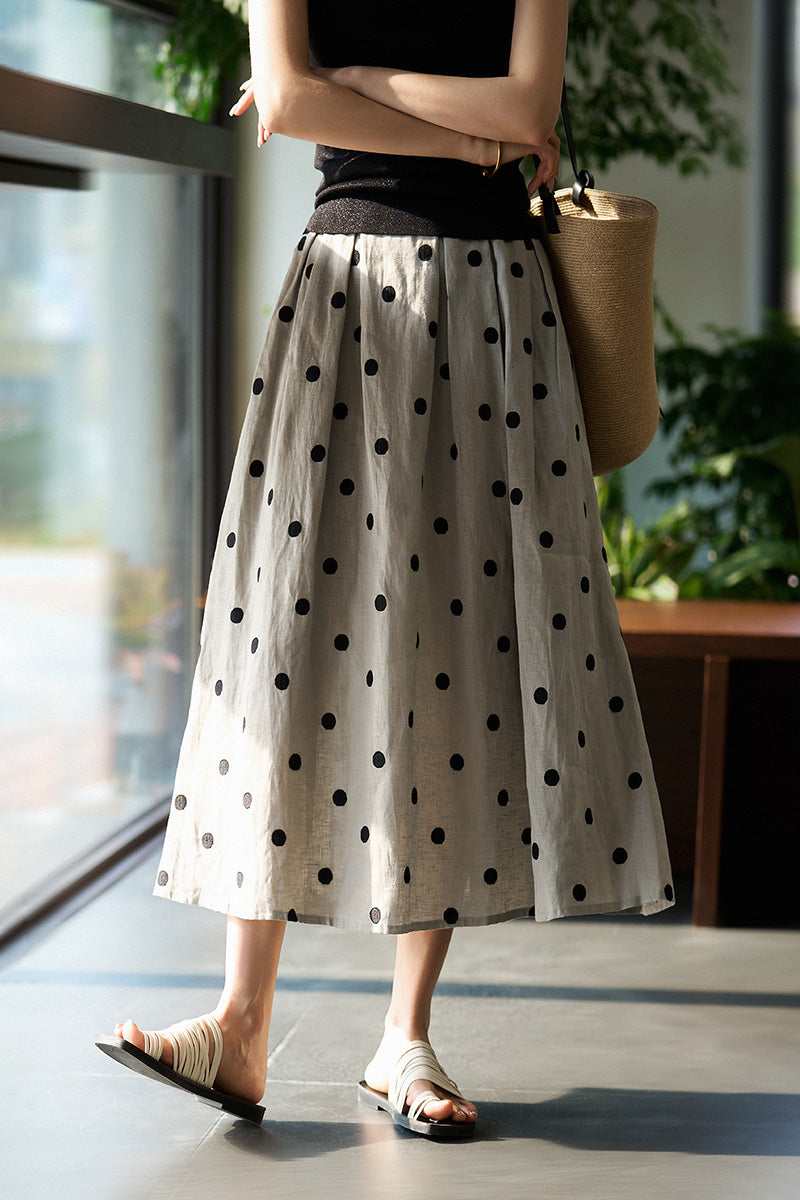 100 Linen Embroidered Polka Dot A-Line Midi Skirt