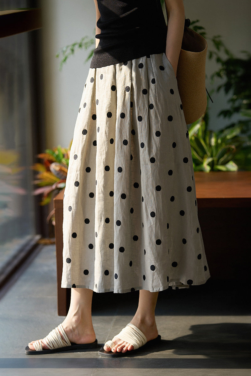 100 Linen Embroidered Polka Dot A-Line Midi Skirt