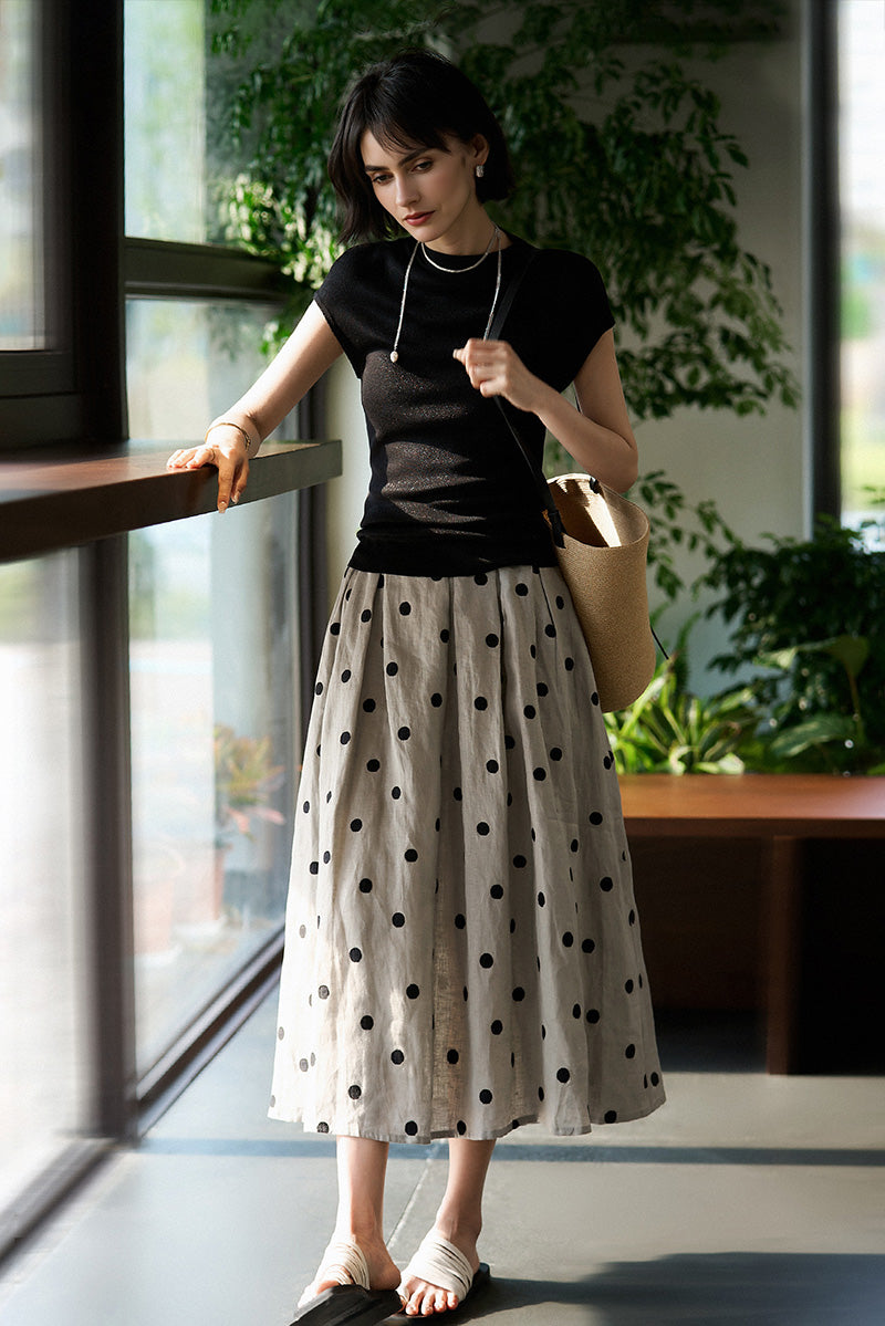 100 Linen Embroidered Polka Dot A-Line Midi Skirt