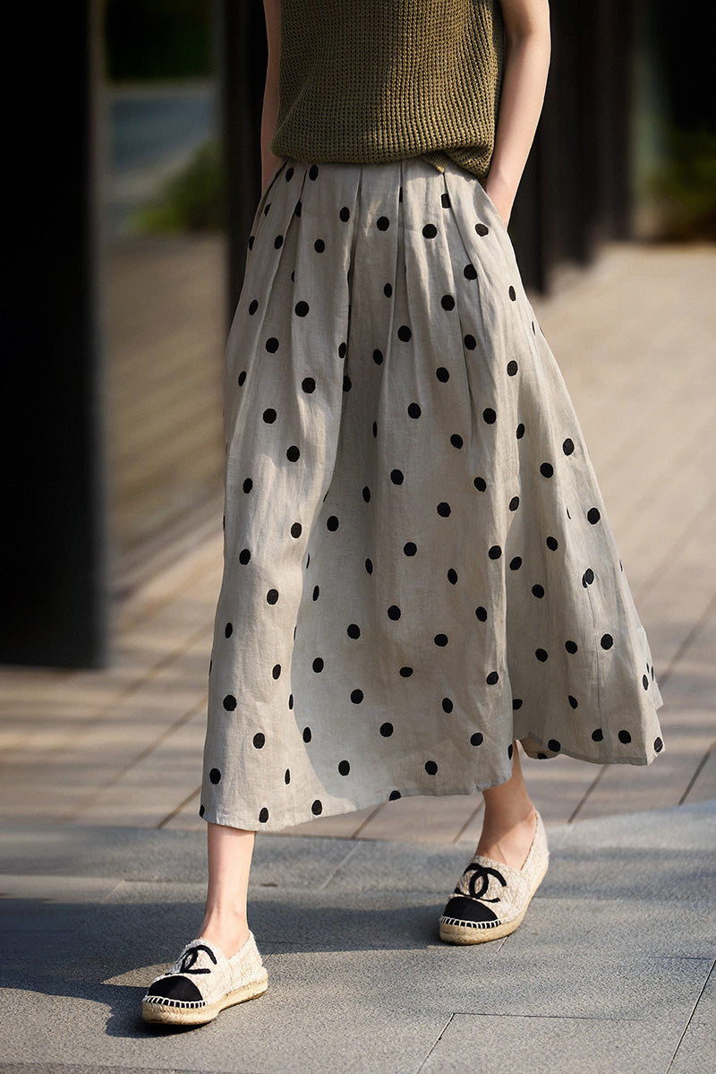 100 Linen Embroidered Polka Dot A-Line Midi Skirt