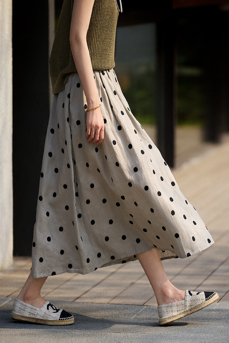 100 Linen Embroidered Polka Dot A-Line Midi Skirt