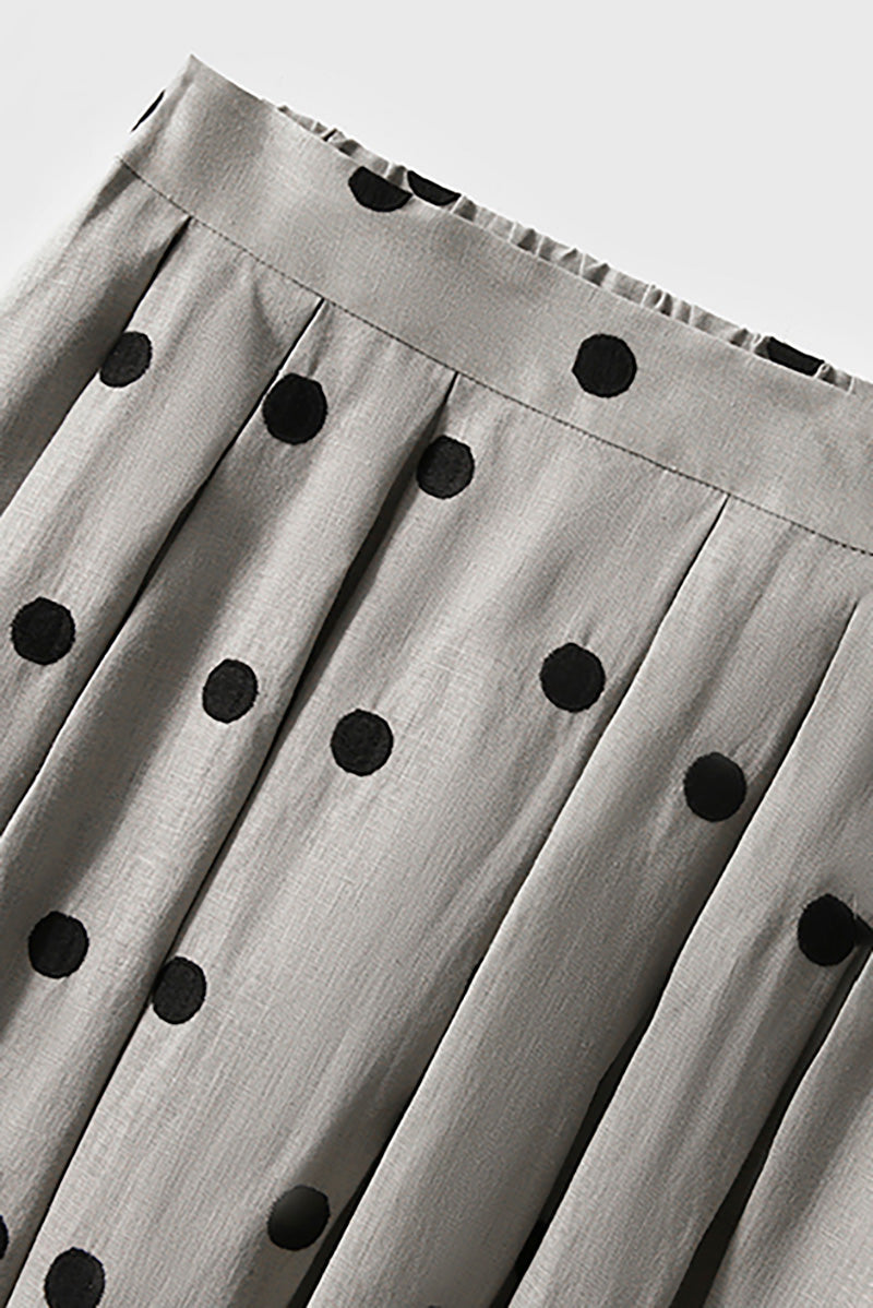 100 Linen Embroidered Polka Dot A-Line Midi Skirt