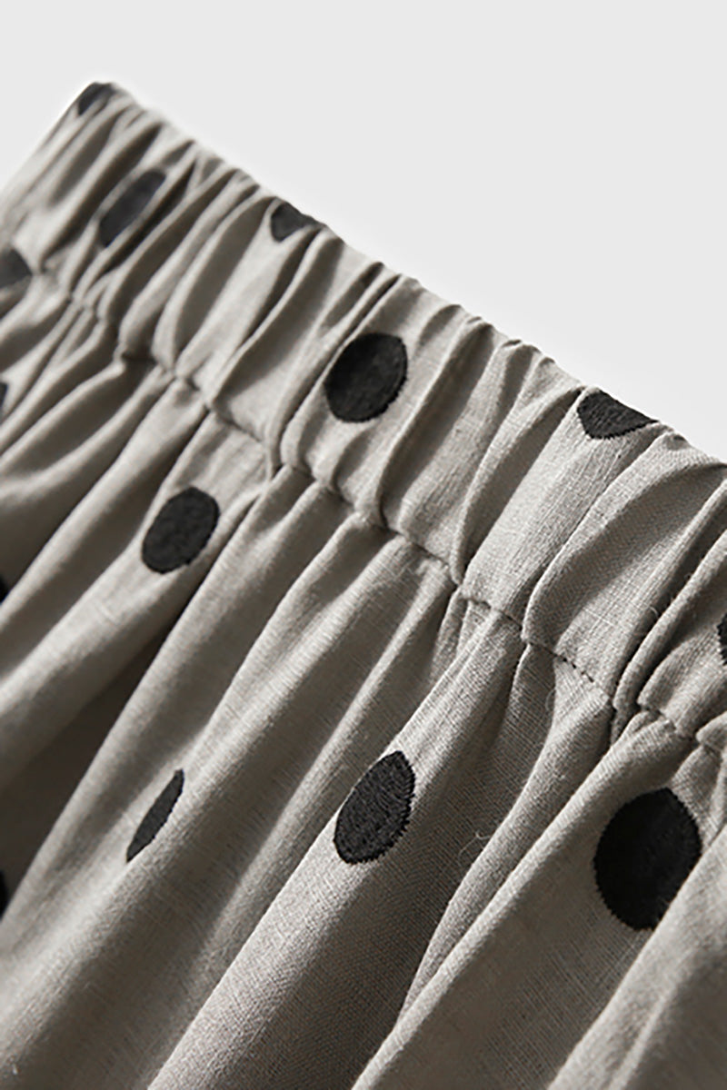 100 Linen Embroidered Polka Dot A-Line Midi Skirt