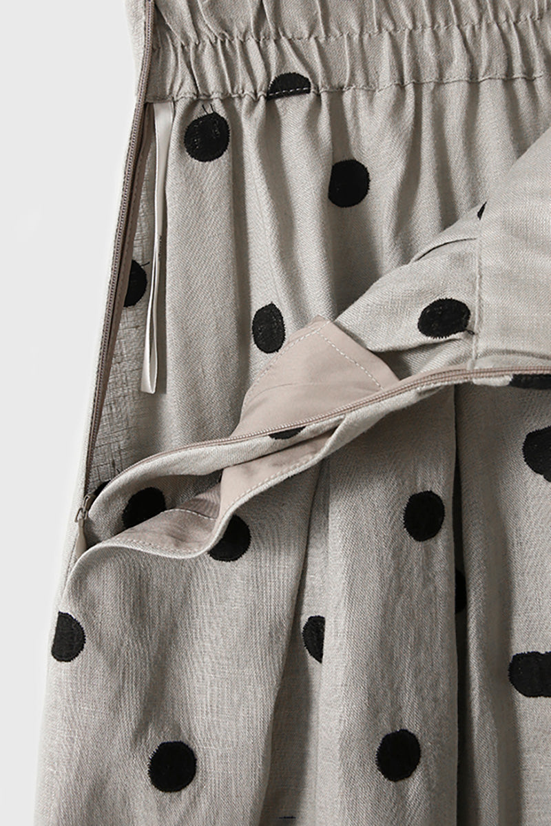 100 Linen Embroidered Polka Dot A-Line Midi Skirt