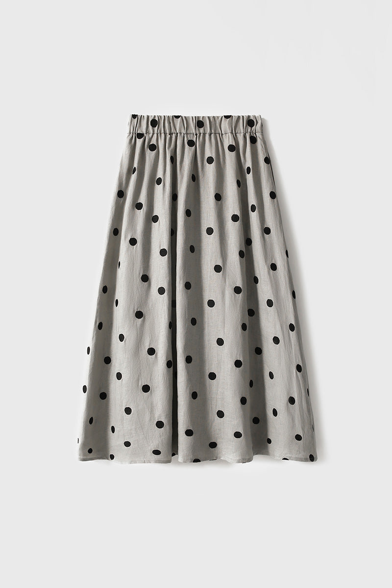 100 Linen Embroidered Polka Dot A-Line Midi Skirt