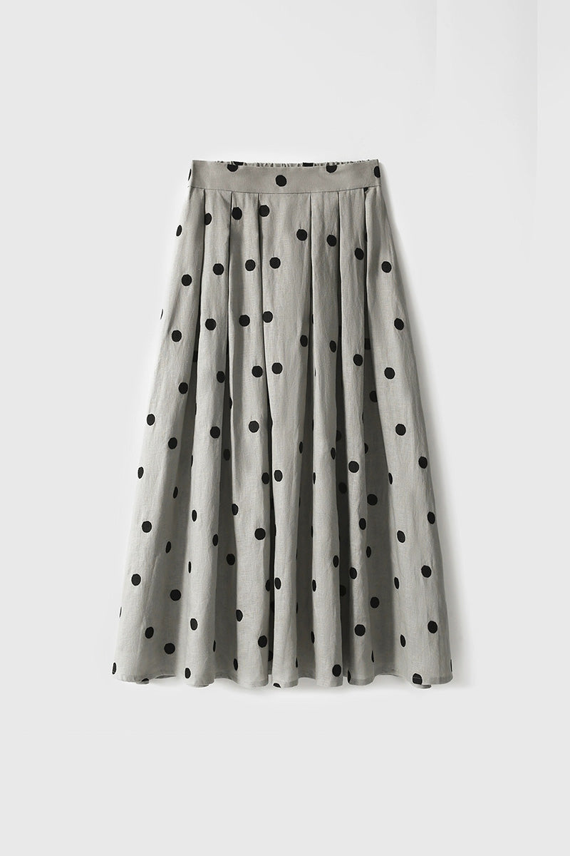 100 Linen Embroidered Polka Dot A-Line Midi Skirt