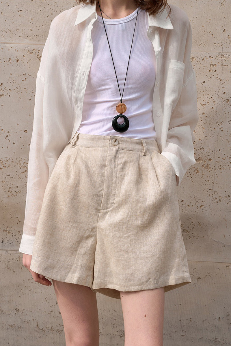 100% Linen High-Waisted Wide Leg Shorts