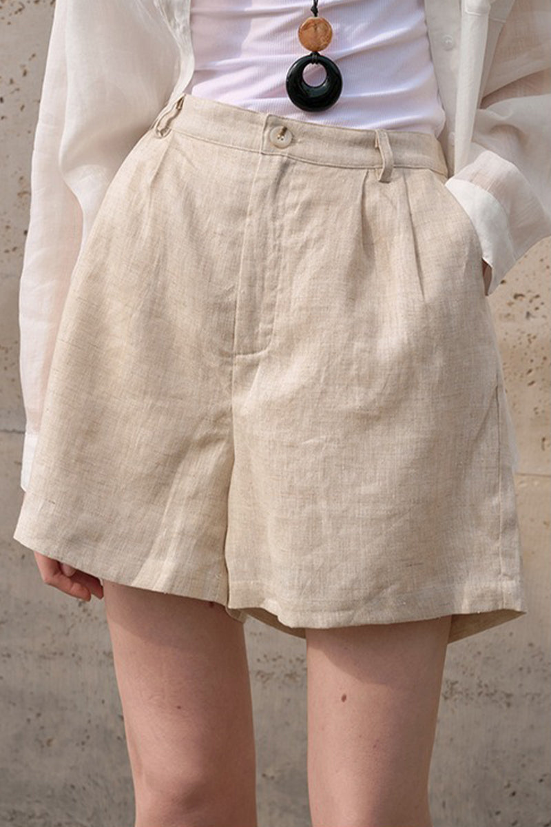 100% Linen High-Waisted Wide Leg Shorts