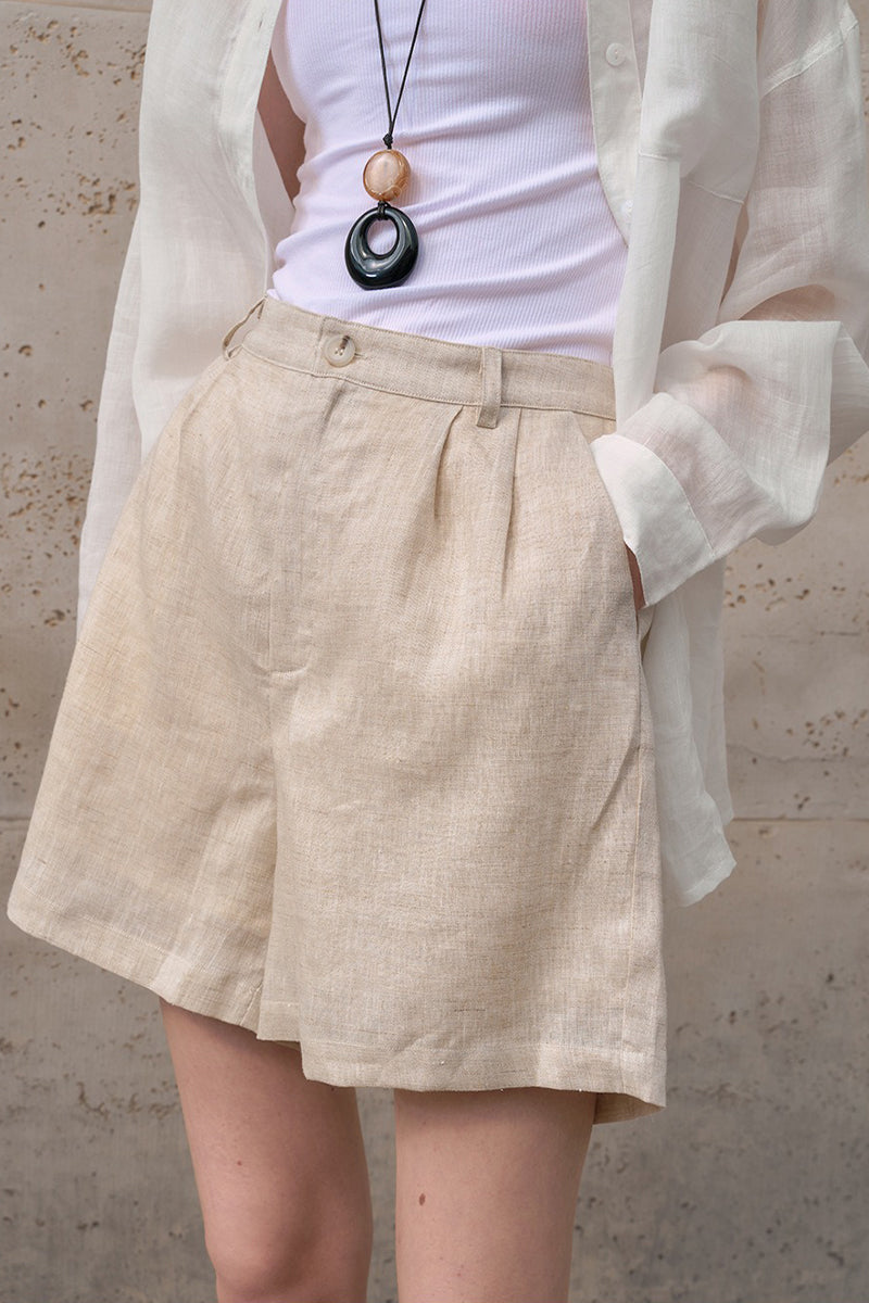 100% Linen High-Waisted Wide Leg Shorts