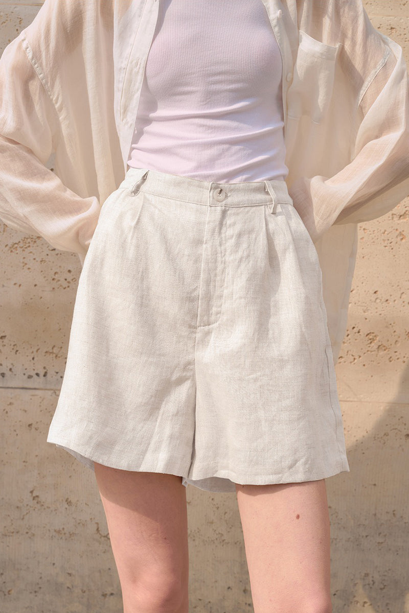 100% Linen High-Waisted Wide Leg Shorts