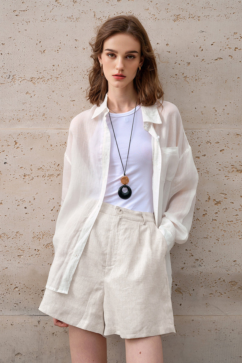100% Linen High-Waisted Wide Leg Shorts