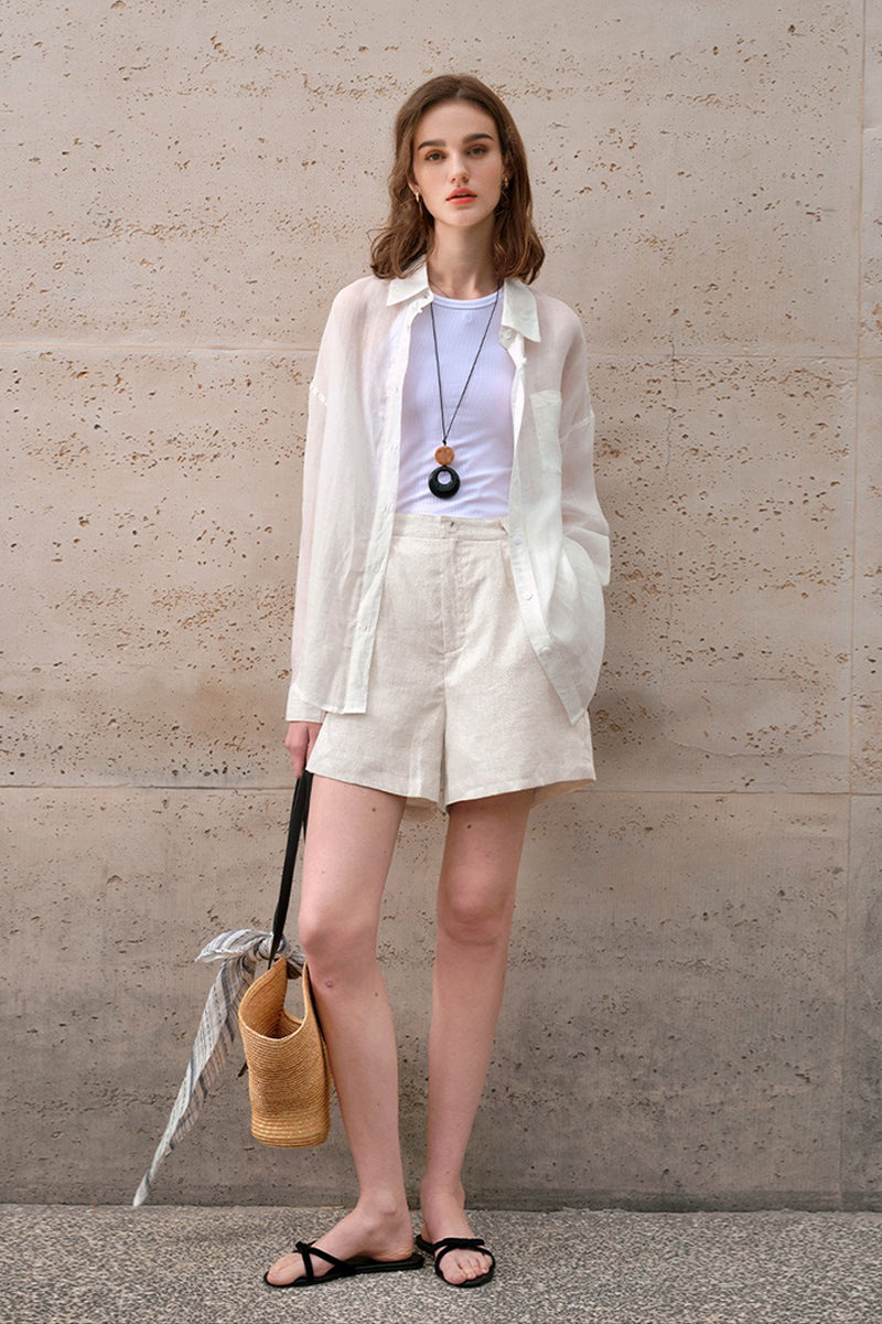 100% Linen High-Waisted Wide Leg Shorts