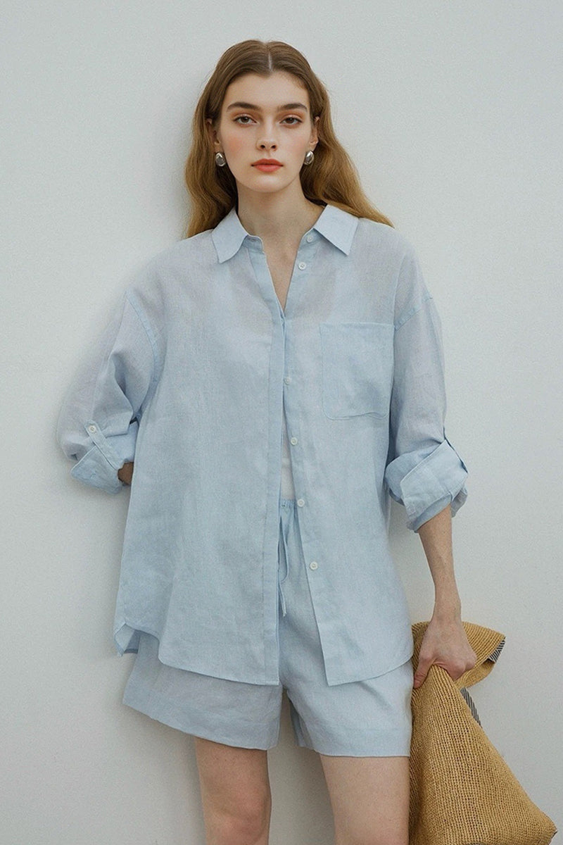 100% Linen Long Sleeve Shirt & Shorts Set