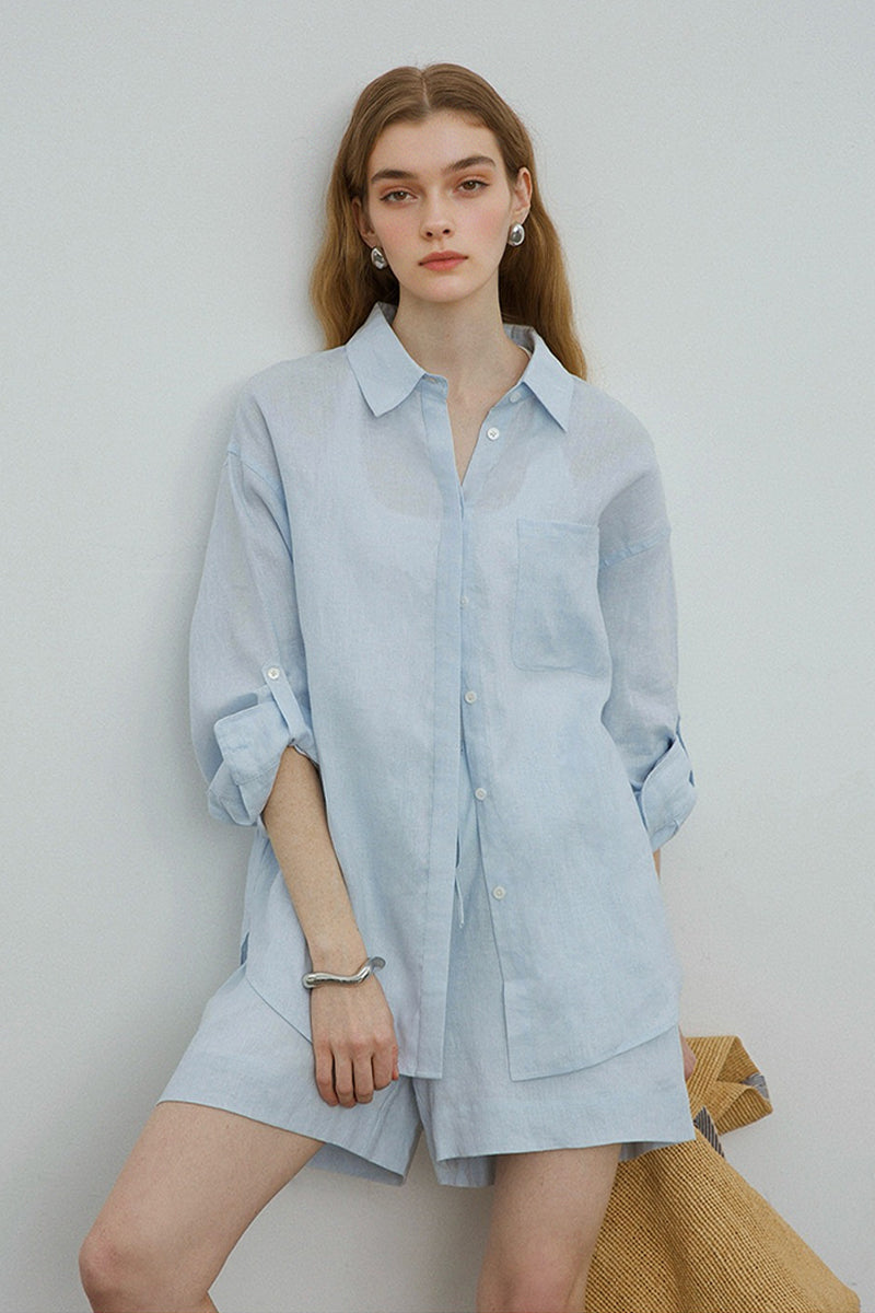 100% Linen Long Sleeve Shirt & Shorts Set