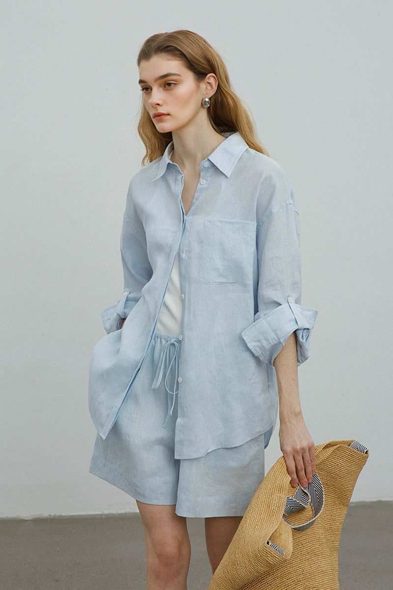 100% Linen Long Sleeve Shirt & Shorts Set