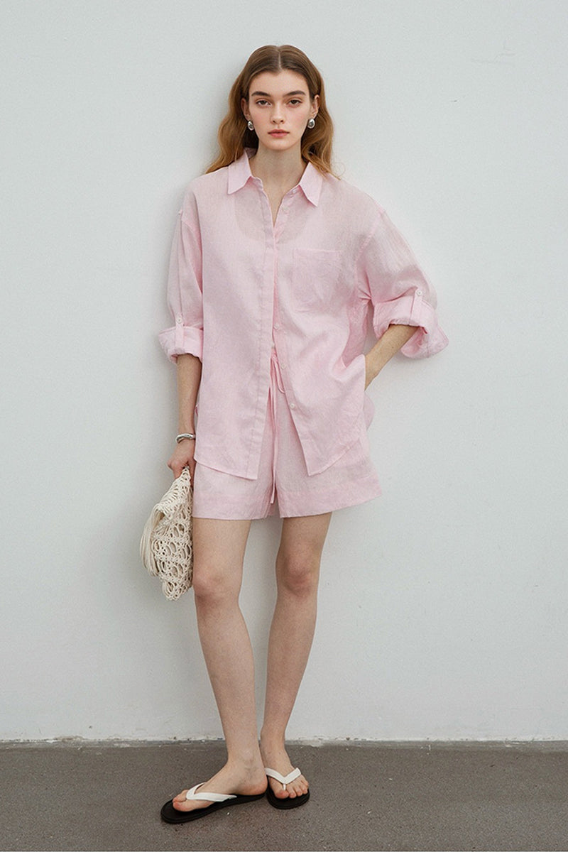 100% Linen Long Sleeve Shirt & Shorts Set