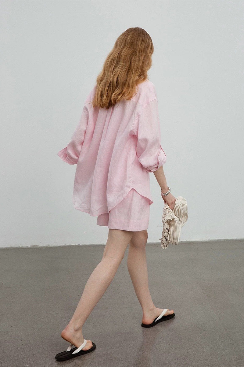 100% Linen Long Sleeve Shirt & Shorts Set