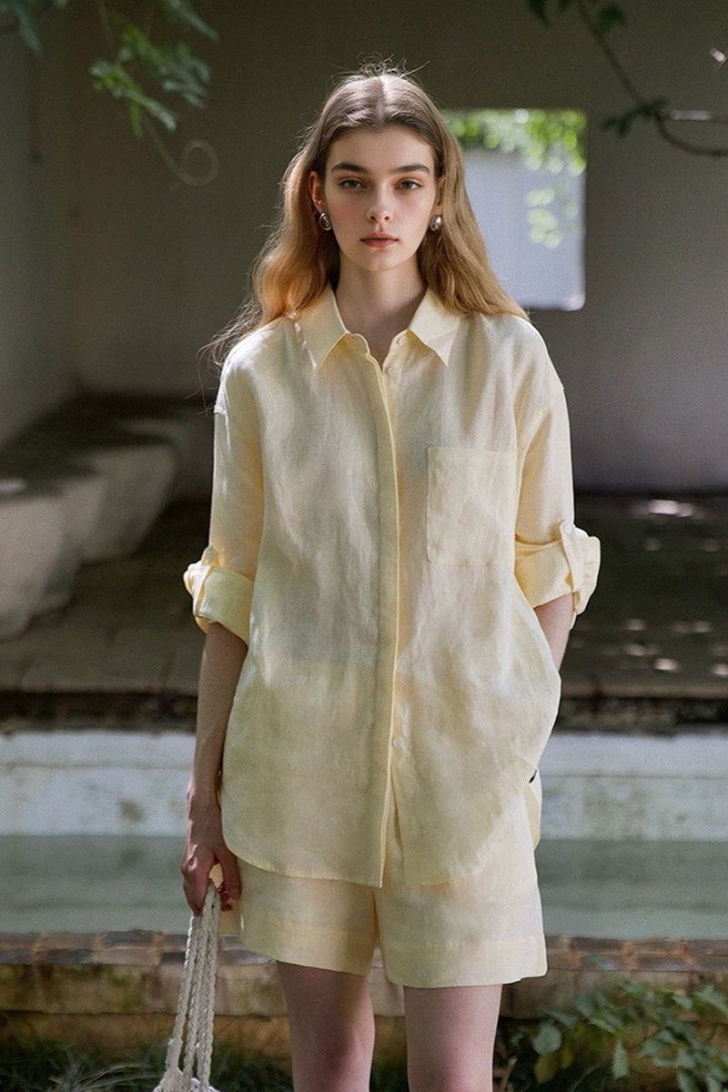 100% Linen Long Sleeve Shirt & Shorts Set
