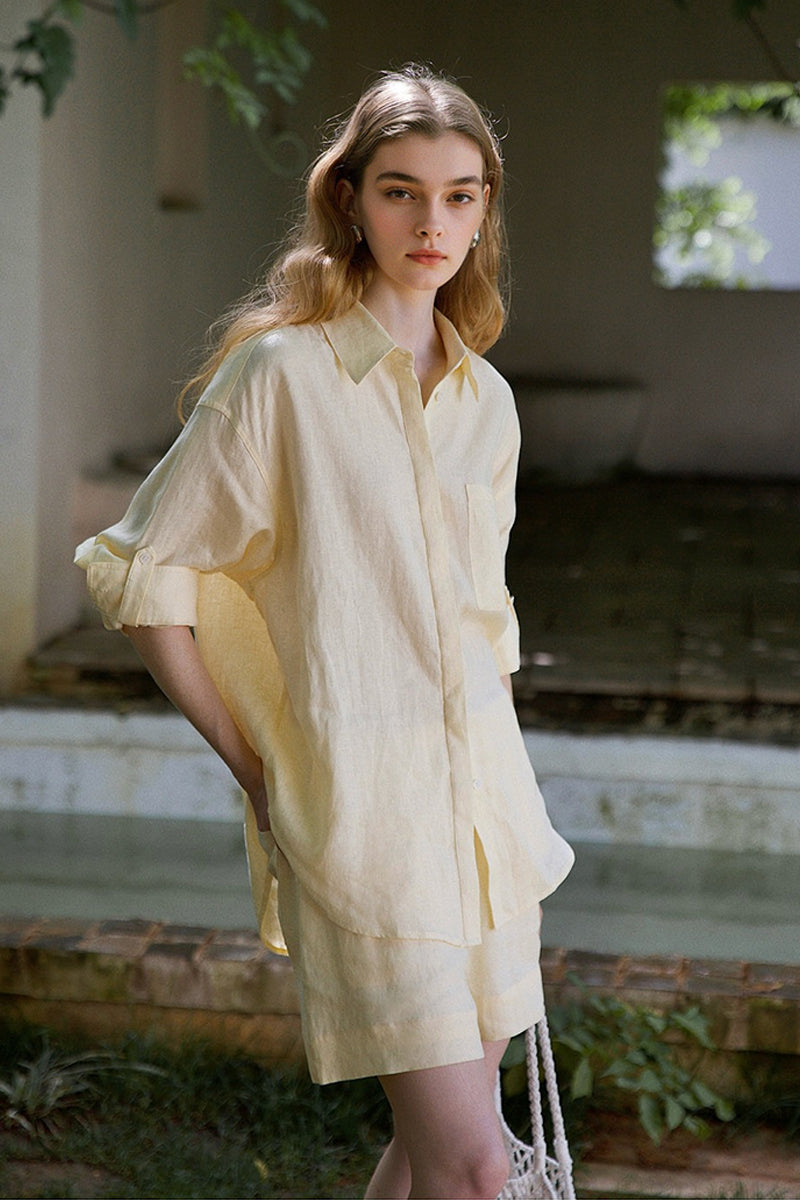 100% Linen Long Sleeve Shirt & Shorts Set