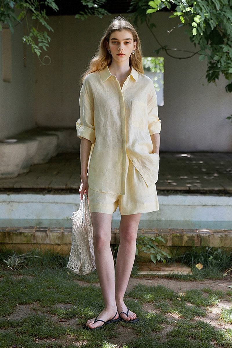 100% Linen Long Sleeve Shirt & Shorts Set