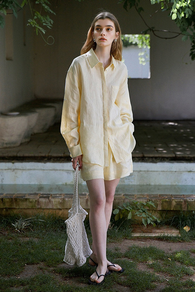 100% Linen Long Sleeve Shirt & Shorts Set