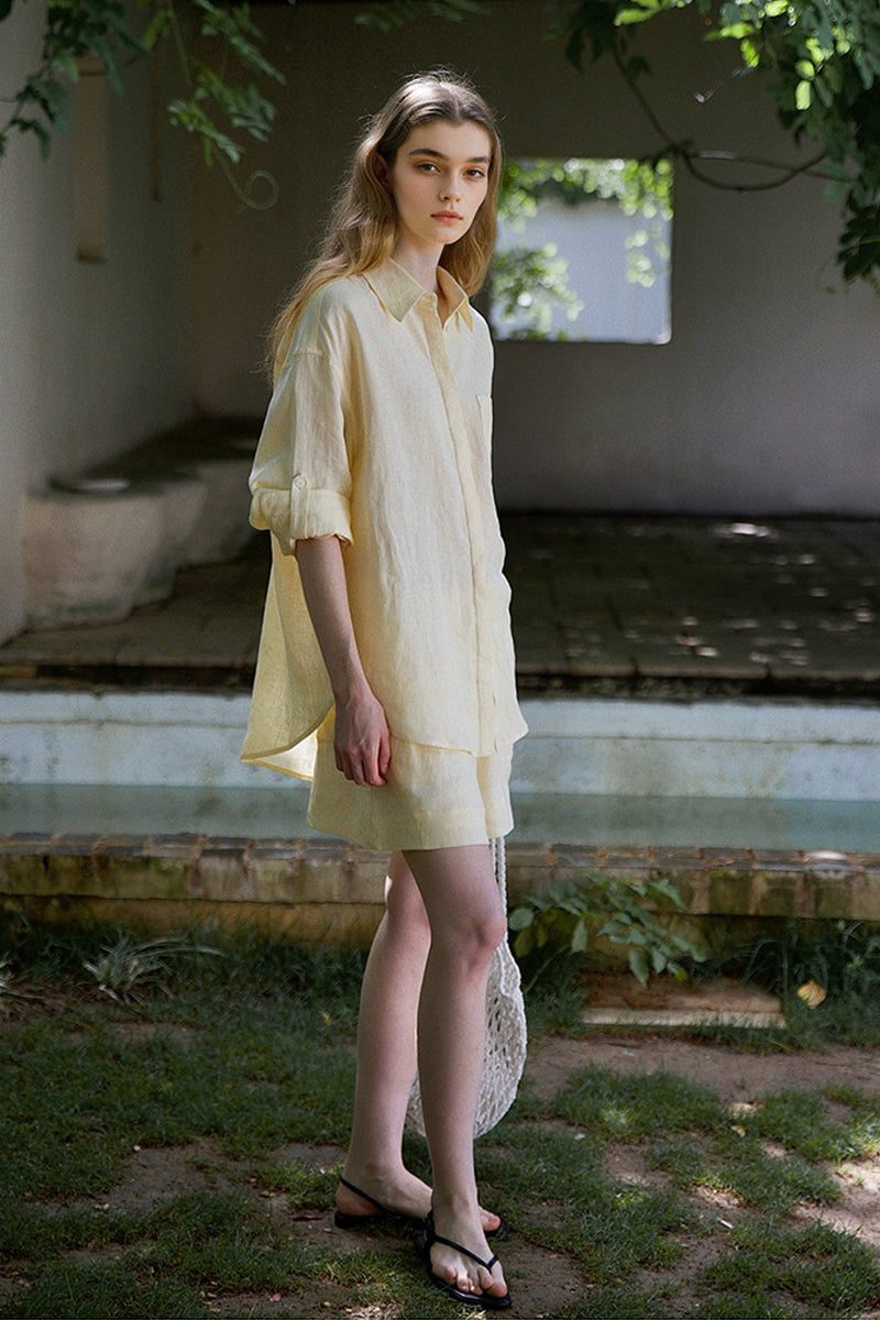 100% Linen Long Sleeve Shirt & Shorts Set