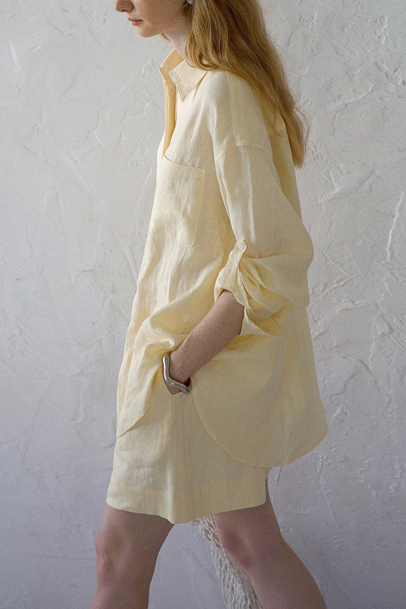 100% Linen Long Sleeve Shirt & Shorts Set
