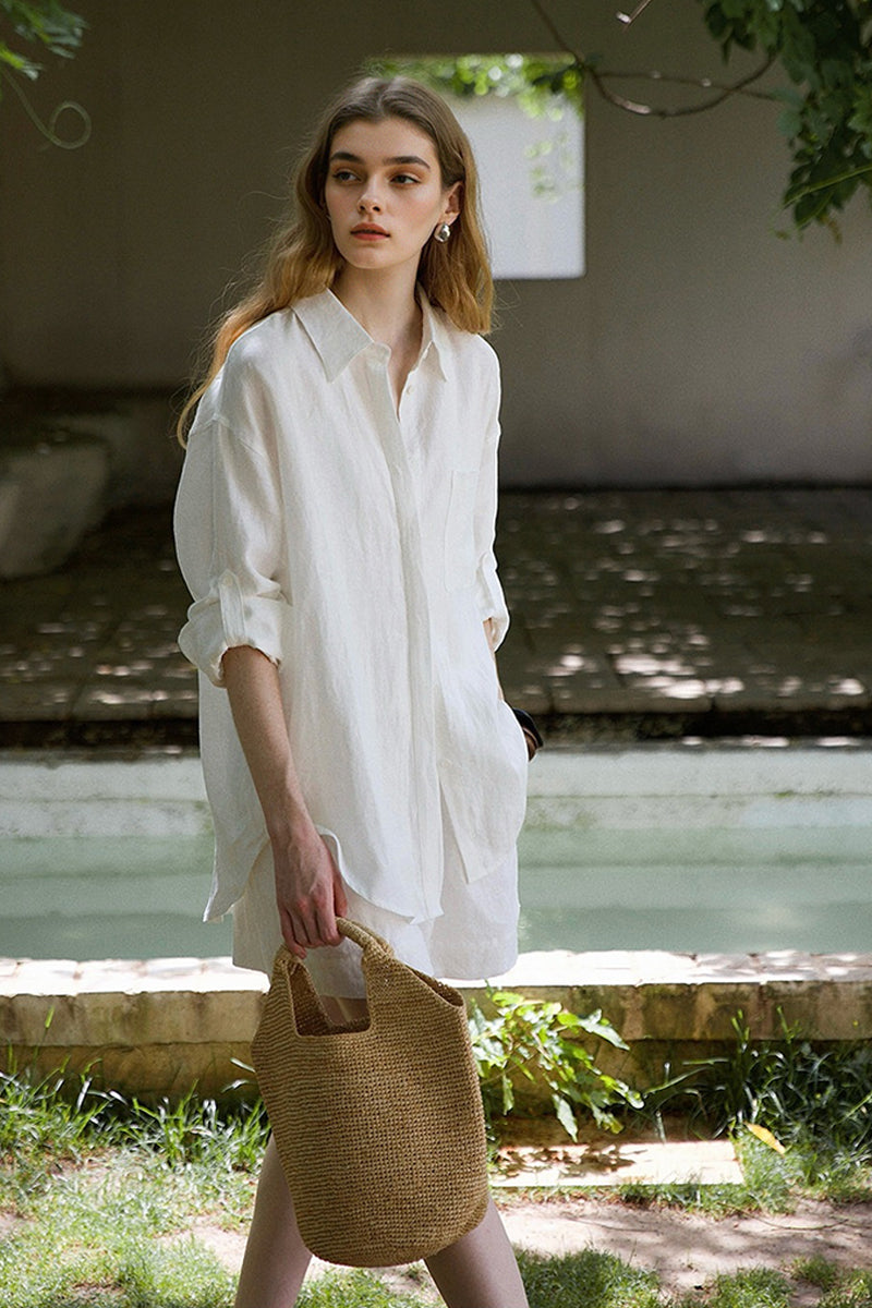 100% Linen Long Sleeve Shirt & Shorts Set