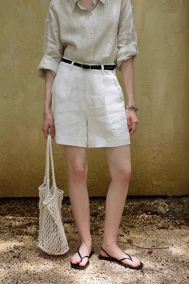 100% Linen Loose Fit High-Waisted Shorts