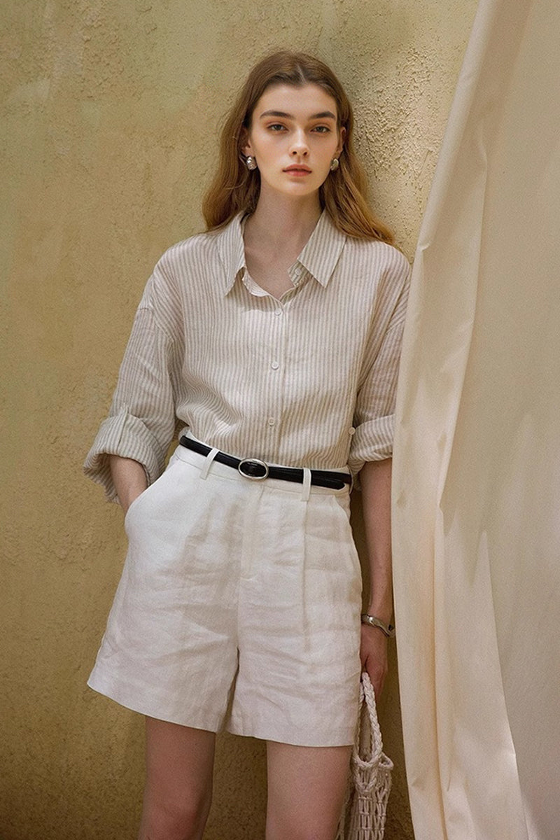100% Linen Loose Fit High-Waisted Shorts
