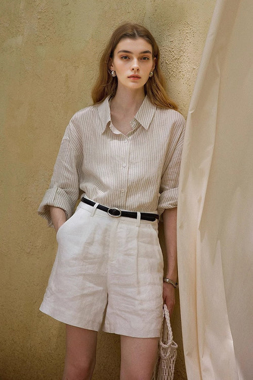 100% Linen Loose Fit High-Waisted Shorts