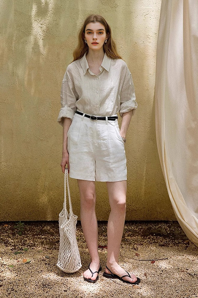 100% Linen Loose Fit High-Waisted Shorts