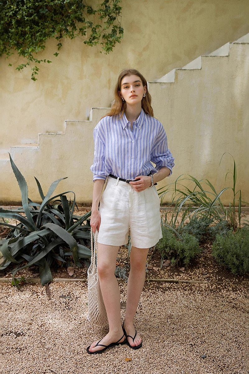 100% Linen Loose Fit High-Waisted Shorts