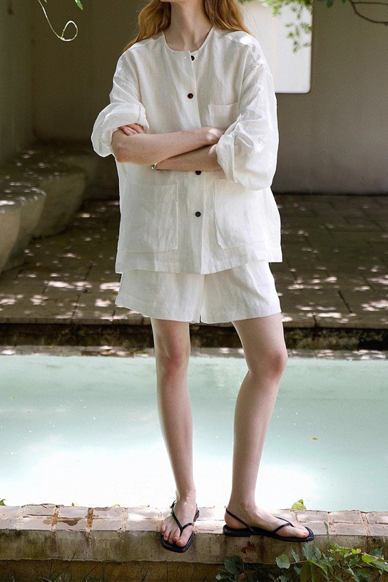 100% Linen Loose Fit High-Waisted Shorts