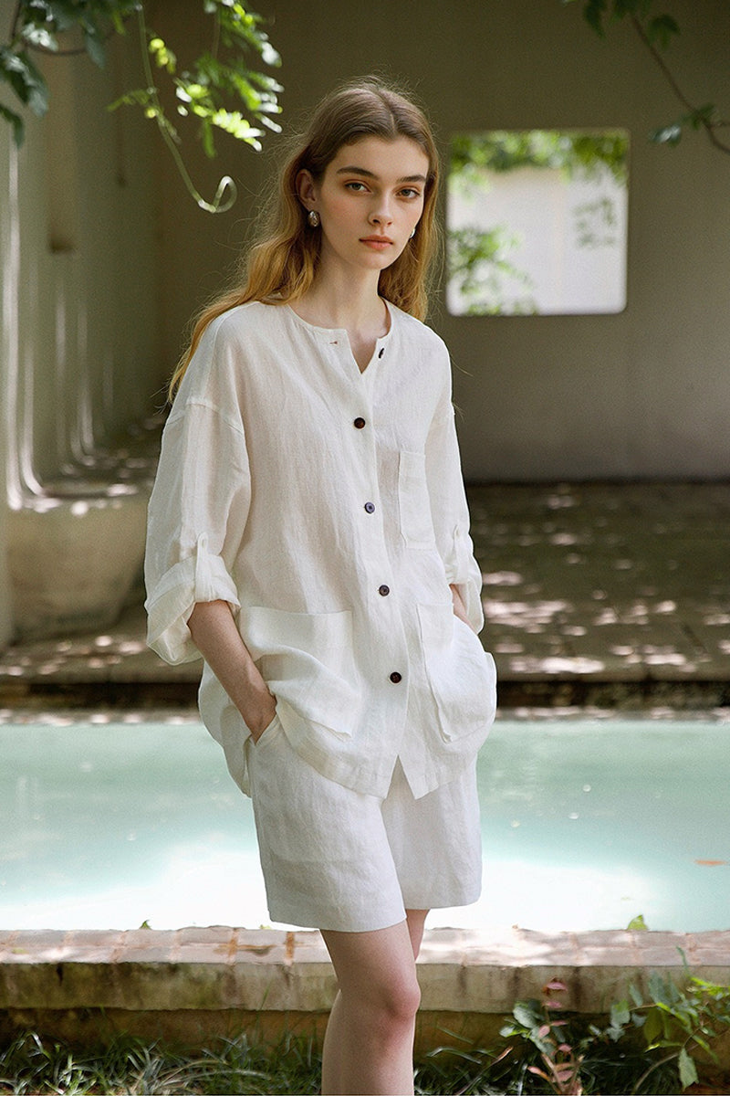 100% Linen Loose Fit High-Waisted Shorts