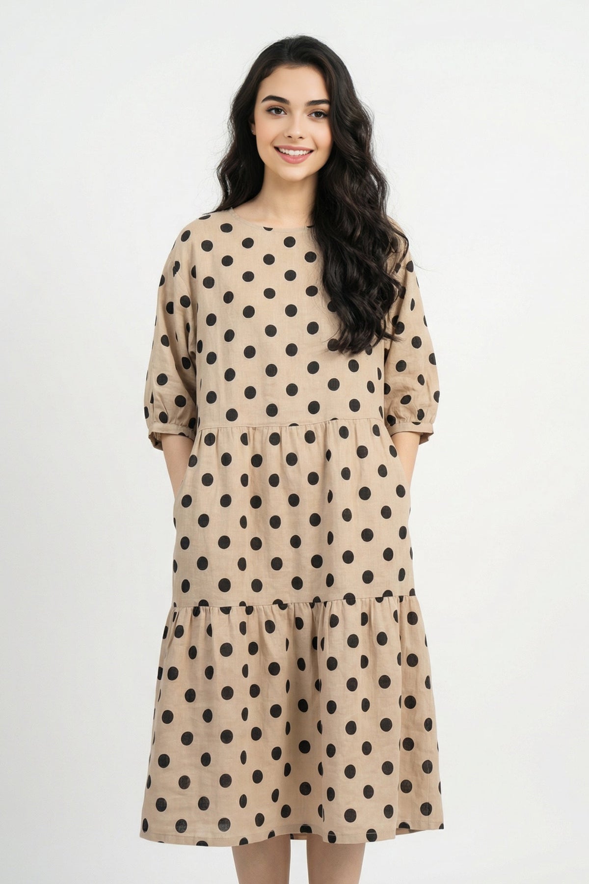 100% Linen Polka Dot A-Line Midi Dress with Pockets