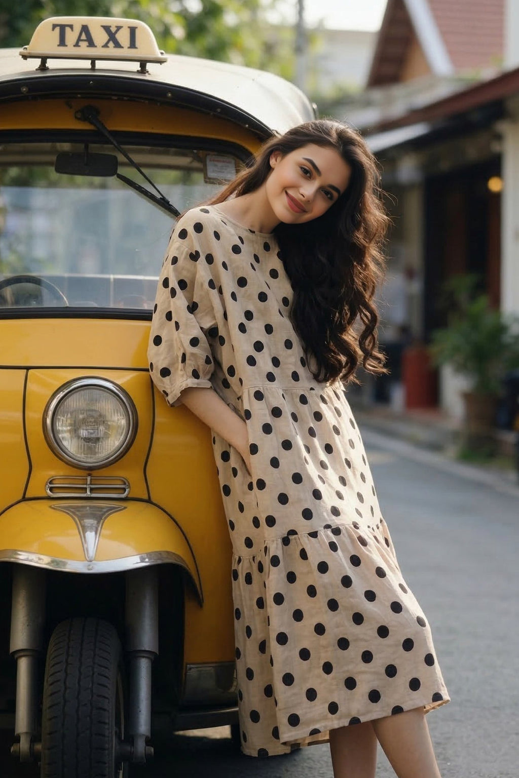 100% Linen Polka Dot A-Line Midi Dress with Pockets