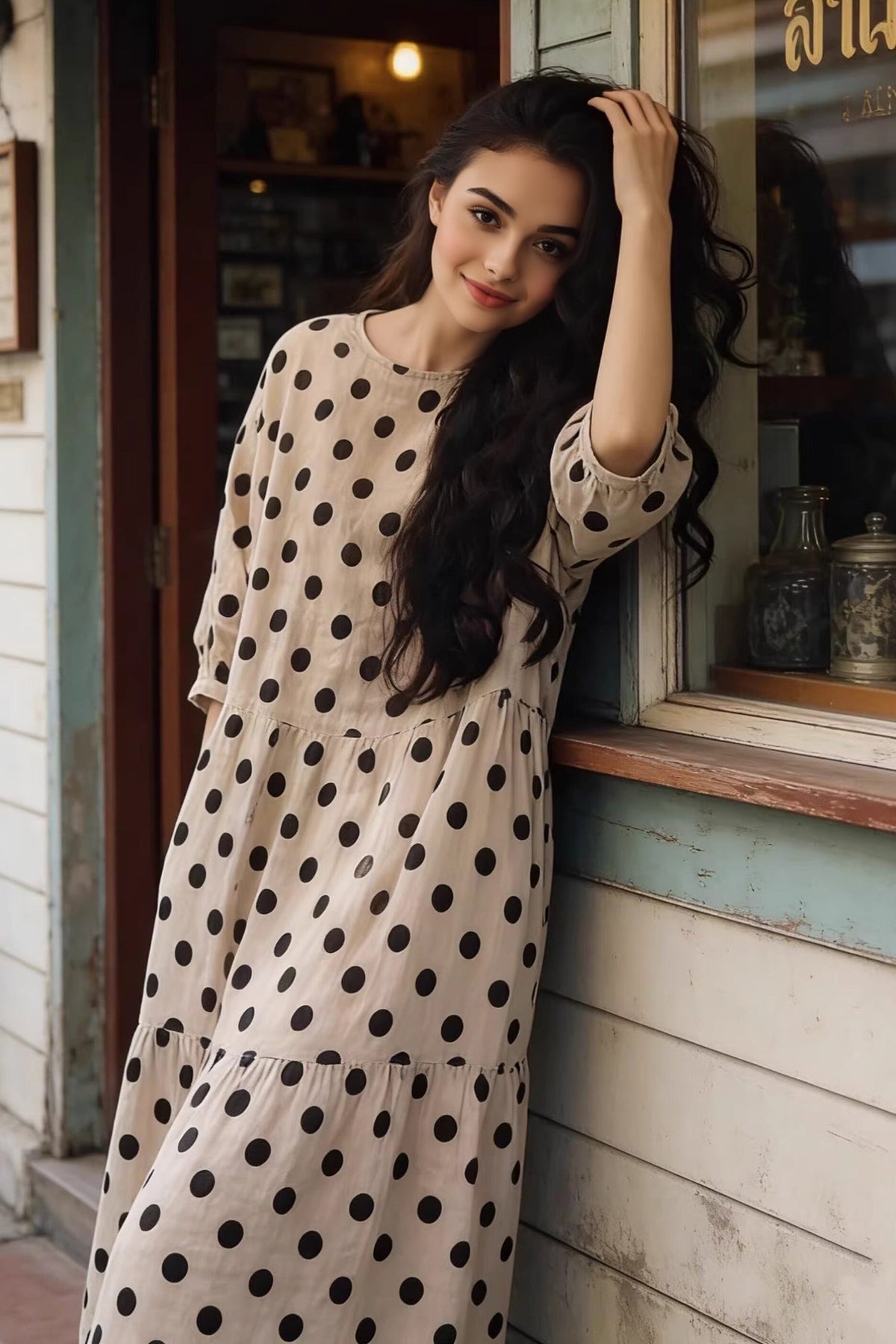 100% Linen Polka Dot A-Line Midi Dress with Pockets