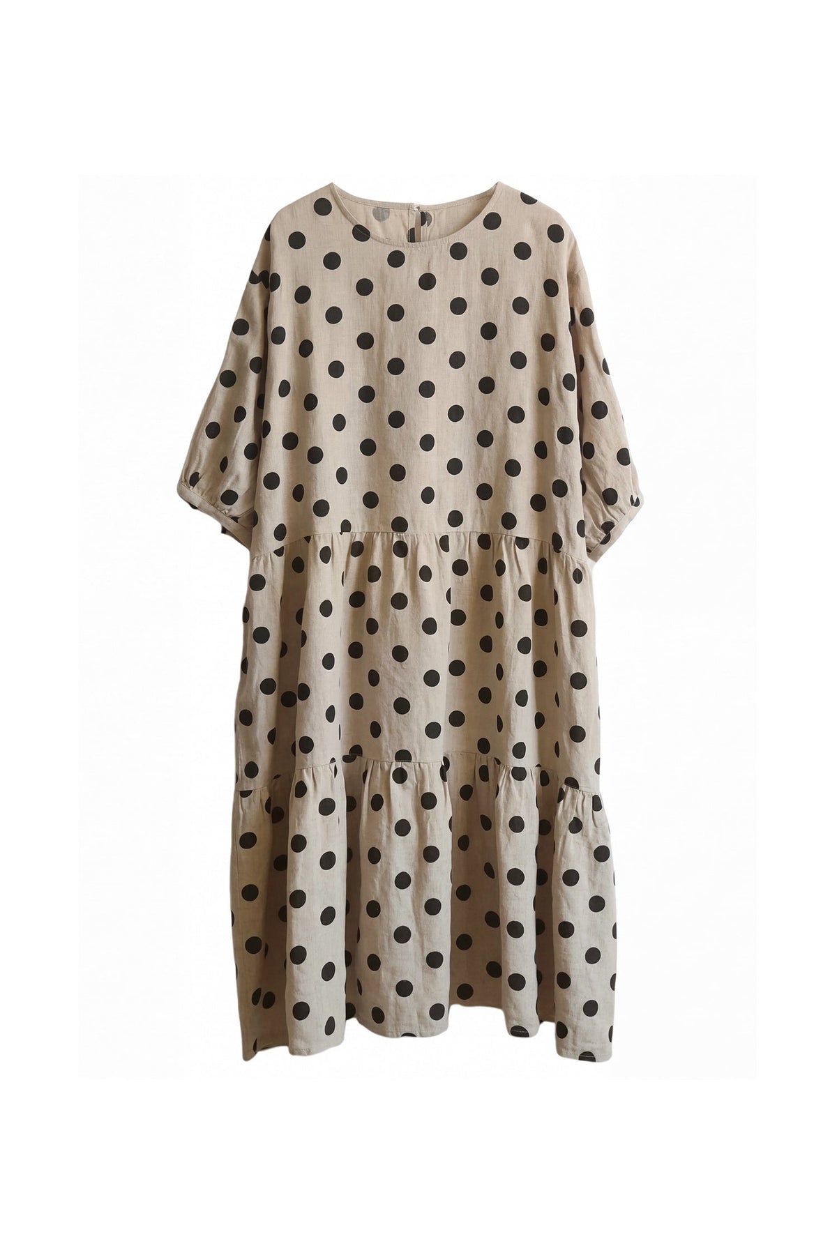 100% Linen Polka Dot A-Line Midi Dress with Pockets