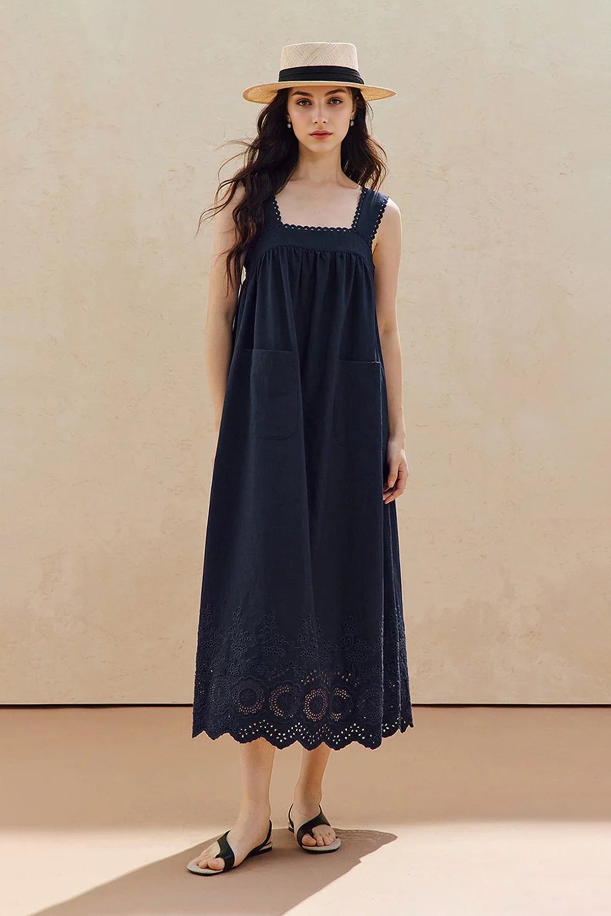 100% Cotton Sleeveless Scalloped Eyelet Maxi Dress