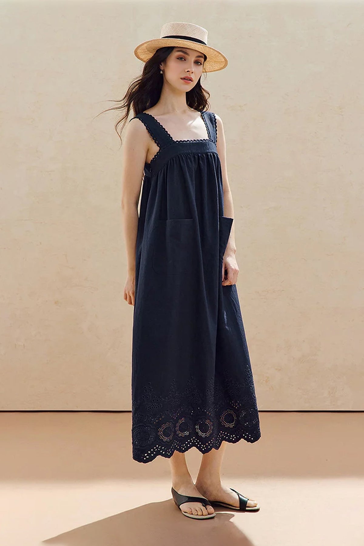 100% Cotton Sleeveless Scalloped Eyelet Maxi Dress