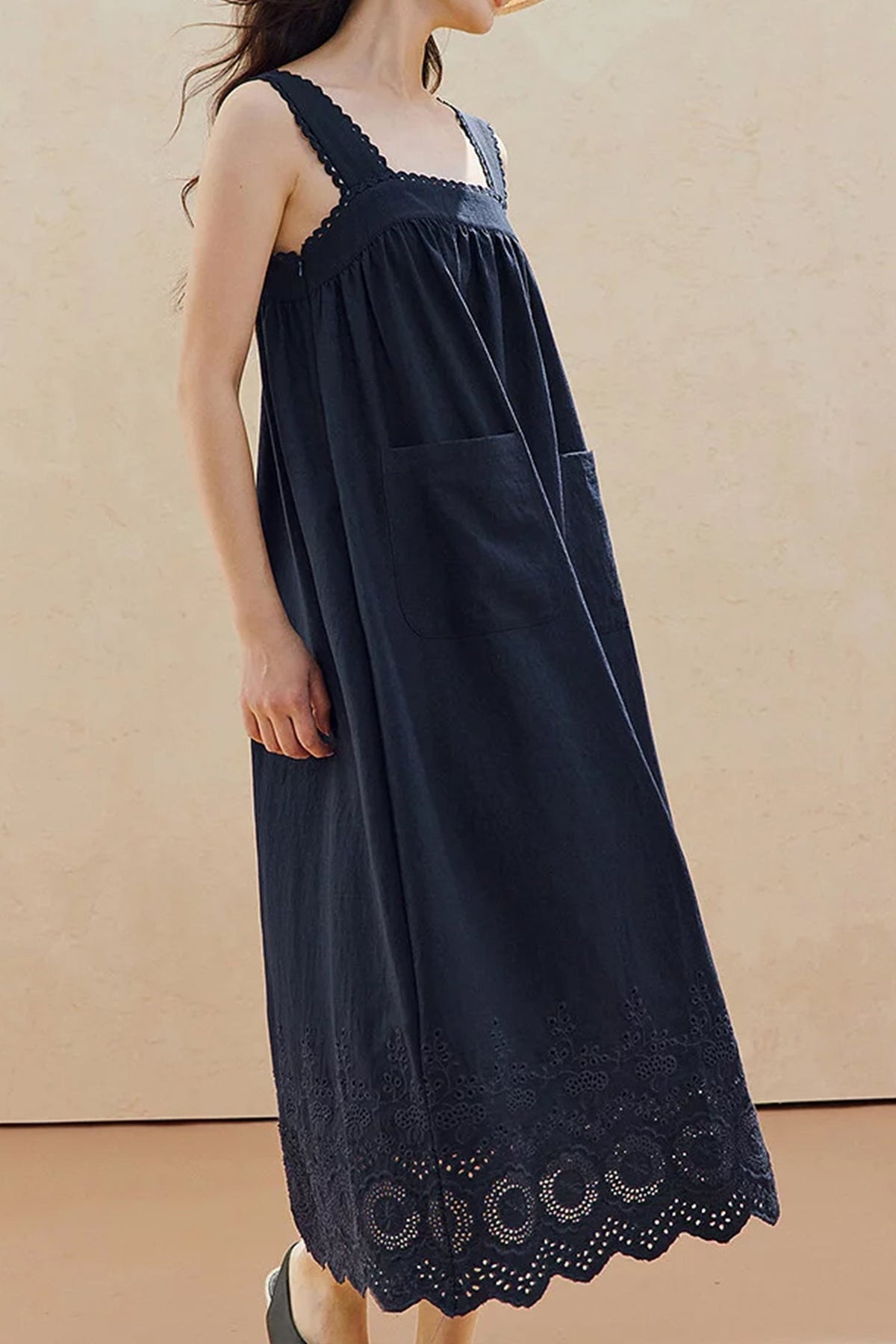 100% Cotton Sleeveless Scalloped Eyelet Maxi Dress