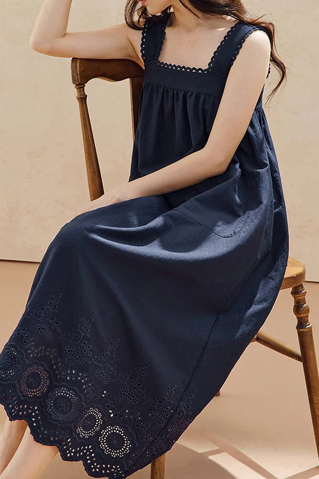 100% Cotton Sleeveless Scalloped Eyelet Maxi Dress