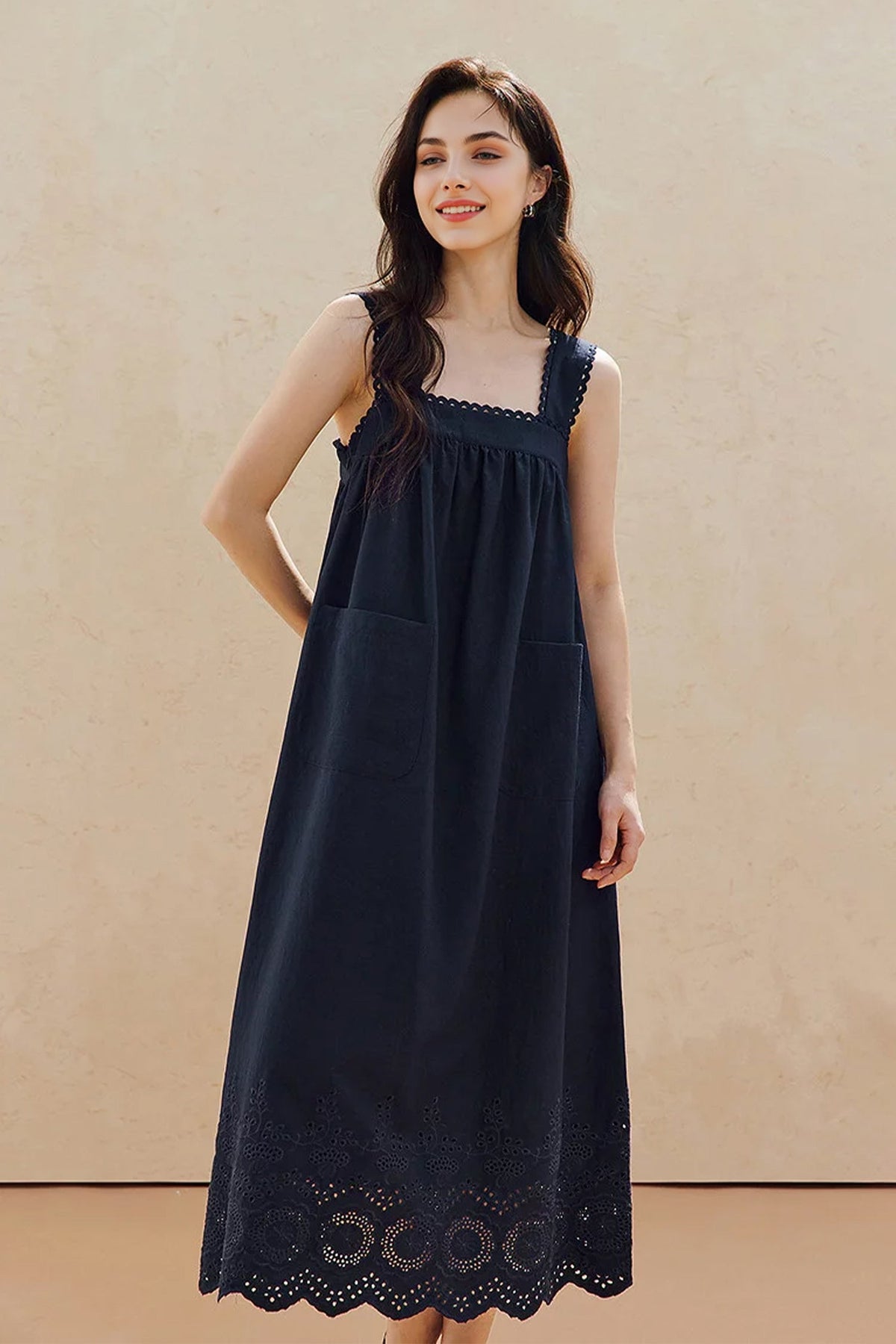 100% Cotton Sleeveless Scalloped Eyelet Maxi Dress